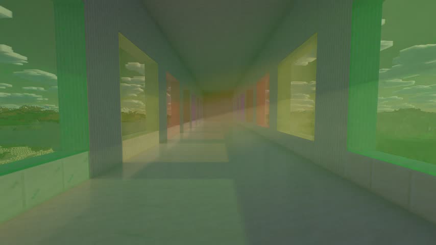 A glass hall with colored light shafts