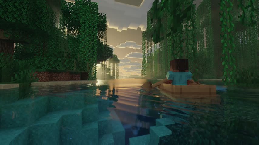 Steve rowing a boat under the vines toward the sunset