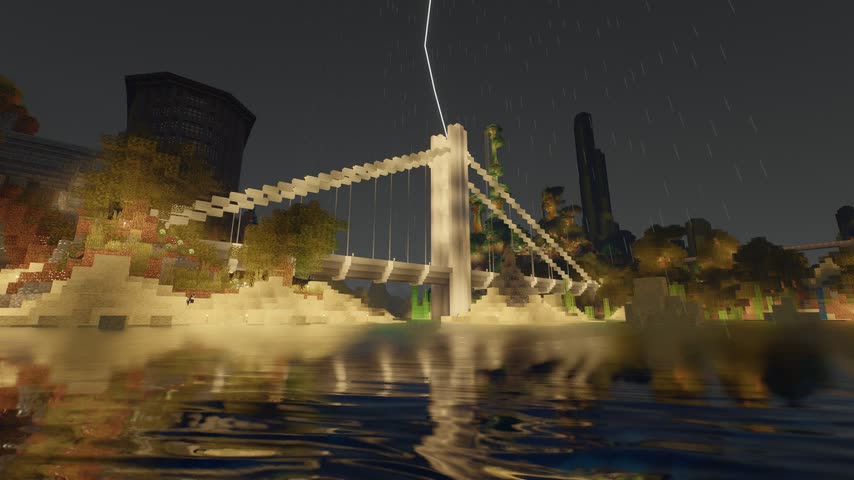Lightning striking a bridge tower in a thunderstorm