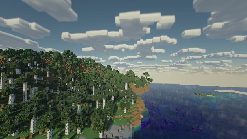 A forested coast under a cloud deck reflected in the sea